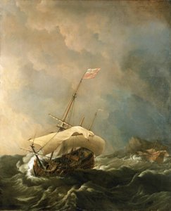 Nave britannica in una tempesta di vento, che cerca di sfuggire alla costa rocciosa