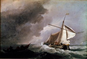 Nave olandese che abbassa le vele in attesa di una scialuppa di salvataggio. Dipinto di Willem Van de Velde il giovane