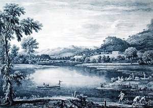 Vista di Winander Meer vicino ad Ambleside, inciso da Chatelin e Muller da William (after) Bellers