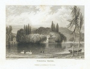 Virginia Water, Lago Surrey (Inghilterra), vicino a Windsor, vista del padiglione cinese circondato da alberi su un