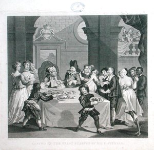 Sancho al banchetto affamato dal suo medico, inciso da Thomas Cook (1744-1818) da William (after) Hogarth