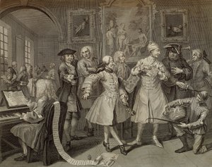 Tom Rakewell circondato da artisti e professori, tavola II da La carriera di un libertino, incisione da dipinto di William Hogarth (1697-1764)