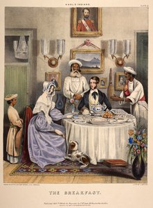La Colazione. Una giovane coppia sposata (un funzionario civile della Compagnia delle Indie Orientali e sua moglie) che fa colazione con pesce fritto, riso e arance di Sylhet, con i servi in attesa. Litografia di J. Bouvier