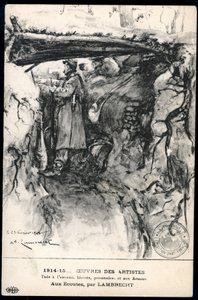 Prima Guerra Mondiale - Guerra 14-18 (1914-1918) - Prima Guerra Mondiale (WWI o WW1): Francia, Mappa patriottica che mostra un disegno di un soldato in una trincea che osserva la linea del fronte, intitolata: 