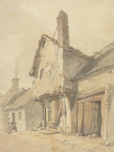 Una strada di villaggio, figure vicino a vecchie case