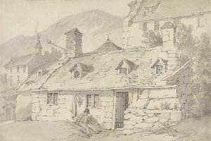 Cottage di Pietra in un Paesaggio Montuoso con una Figura in Primo Piano da William Alexander