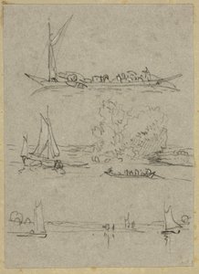 Tre schizzi di barche sul fiume di Düsseldorf