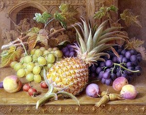Natura morta di un ananas, uva, pesche, fragole e nocciole su una credenza