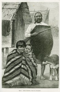 Tre generazioni di Maori. Incisione di Barbotin, per illustrare la storia Voyage a la Nouvelle Zelande, nel 1889, di G.Verschuur, in le tour du monde 1890, diretto da Edouard Charton (1807-1890), Hachette, Parigi. da William Barbotin