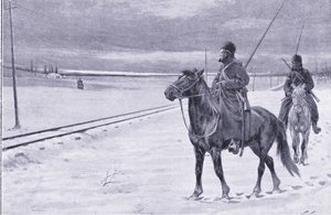 Sorveglianza della ferrovia vicino a Mukden, illustrazione da Cassells History of the Russo-Japanese War Vol 1, c.1900 da William Barnes Wollen