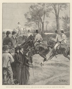 Steeplechase della Camera dei Comuni a Rugby, 29 marzo, corsa al primo ostacolo, Mr A E Pease, MP, in testa con Norah Creina da William Barnes Wollen