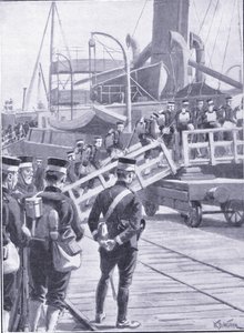 Truppe giapponesi che si imbarcano a Kobe, illustrazione da Cassells History of the Russo-Japanese War Vol 1, c.1900 da William Barnes Wollen