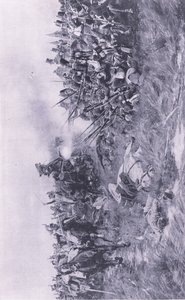 Il 28º Reggimento di Gloucester riceve la cavalleria francese a Waterloo, 18 giugno 1815, illustrazione da British Battles on Land and Sea, 1915 da William Barnes Wollen