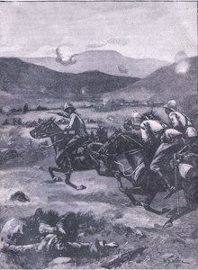 La battaglia di Colenso: il tenente Roberts che galoppa per recuperare il disastro ai cannoni, illustrazione da Cassells History of England, 1900 da William Barnes Wollen