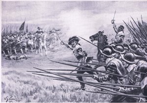 La carica della fanteria realista a Naseby, giugno 1645, illustrazione da British Battles on Land and Sea, 1915
