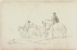 Due uomini a cavallo con due cavalli e un cane da William Beilby