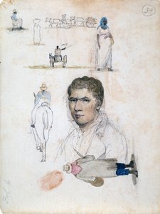 Otto piccoli disegni, tra cui ritratto, studi di figure, carri, dell