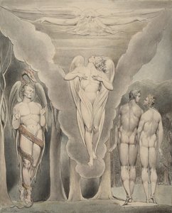 Illustrazione 4 per il "Paradiso Perduto" di Milton: Satana spia Adamo ed Eva e la discesa di Raffaele nel Paradiso da William Blake