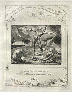 Il Libro di Giobbe: Pl. 6, E colpì Giobbe con piaghe dolorose dalla pianta del piede..., 1825 da William Blake