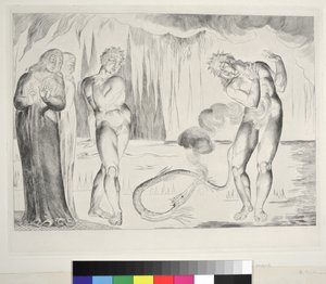 Il cerchio dei ladri: Buoso Donati attaccato dal serpente, Inferno, Canto XXV, illustrazione della 