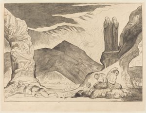 Il cerchio dei falsari; Dante e Virgilio si coprono il naso a causa del fetore da William Blake