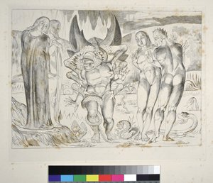 Il cerchio dei ladri: Agnolo Brunelleschi attaccato da un serpente a sei zampe. Inferno, Canto XXV, illustrazione alla Divina Commedia di Dante Alighieri da William Blake