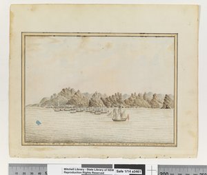Opp. p. 19. `Santa Cruz sul lato sud-est di Tenerife; Sirius & Convoy nelle strade. Giugno 1787. Il Picco che mostra in un gap tra due altre montagne