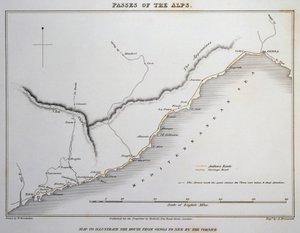 Mappa dei passi sulle Alpi Marittime, strada costiera tra Genova e Nizza, da Illustrations of the passes of the Alps by which Italy communicates with France, Switzerland and Germany, di William Brockedon (1787-1854) da William Brockedon