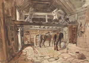 Interno di una stalla, con due cavalli che si nutrono da William Burgess