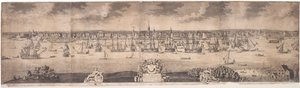Una prospettiva meridionale della fiorente città di New York nella provincia di New York in America, inciso da John Harris, 1717-18