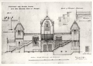 Dettagli degli ingressi, scale, porta della camera della fornace e corrimano, (New Big School), Rugby School, 1844 da William Butterfield