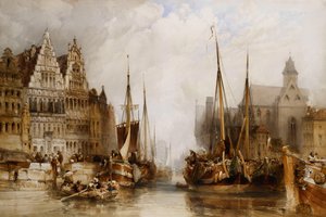 Case dei Franc Bateliers e Chiesa di San Nicola sul canale a Gand, 1845
