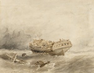 Una nave mercantile deraglia nella calma che segue la tempesta. Acquerello di Clarkson Stanfield da William Clarkson Stanfield