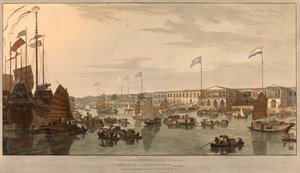 Posti di commercio europei (Compagnie delle Indie Orientali) a Canton, Cina. Disegnato e inciso da William Daniell (1769-1837) 1805