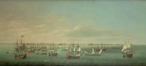 Mercantili e navi da guerra britanniche, francesi, portoghesi e spagnole al largo di Cadice