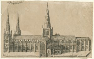 Cattedrale di Lichfield - Vista sud: incisione su rame, nd [?metà XVII secolo] da William Dugdale