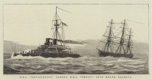 HMS Devastation rimorchiando HMS Thetis nel porto di Malta da William Edward Atkins