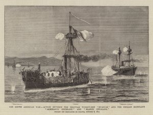 La guerra sudamericana, azione tra la nave torretta peruviana Huascar e le corazzate cilene Almirante Cochrane e Blanco Encalada
