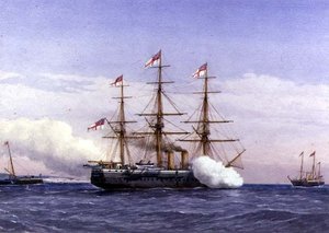 H.M.S. Bacchante con H.M. Yacht Osborne da William Frederick Mitchell