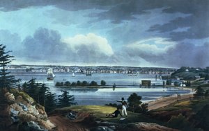 New York dalle alture vicino a Brooklyn, 1820-23 (acquatinta colorata)