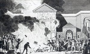 Le devastazioni causate dai rivoltosi di Londra che incendiano la nuova prigione di Newgate e bruciano i mobili del signor Akerman, 6 giugno 1780, inciso da T. Thornton da William Hamilton