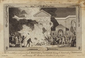 Le devastazioni causate dai rivoltosi di Londra incendiando la nuova prigione di Newgate da William Hamilton