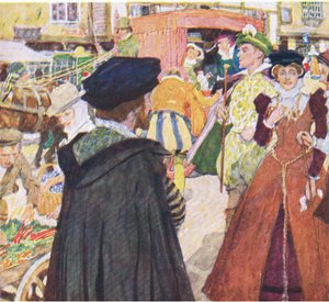 Shakespeare osserva le mode sciocche dei damerini su Ludgate Hill, da My Magazine da William Hatherell