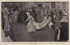 Il ballo in costume della Duchessa di Devonshire, la processione degli ospiti che si inchinano al gruppo reale nel Salone Bianco e Oro, 1897 da William Hatherell