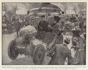La stagione della Riviera, la processione delle automobili nella Battaglia dei Fiori a Nizza da William Hatherell