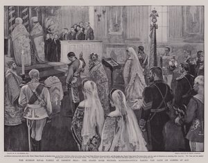 La famiglia reale russa a Zarskoe Selo, il granduca Michele Aleksandrovič che presta giuramento al raggiungimento della maggiore età da William Hatherell