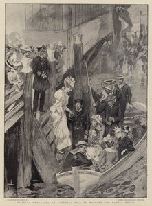 Visitatori che si imbarcano al molo di Southsea per assistere alla rassegna navale