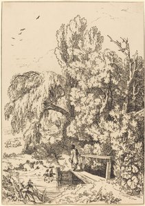 Paesaggio con alberi, ragazza che attraversa il ponte pedonale da William Havell