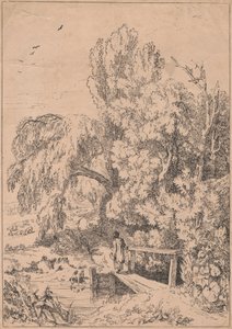 Paesaggio con alberi, ragazze che attraversano un ponte pedonale da William Havell