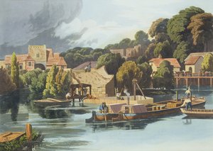 Castello di Wallingford nel 1810 durante le riparazioni del ponte, inciso da Robert Havell il Giovane, pubblicato nel 1818 da William Havell